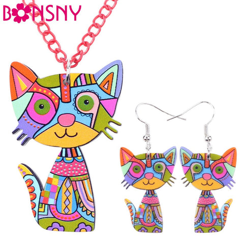 Bonsny Brand Acrylic Statement Cat Necklace Earrings Jewelry Sets Choker Collar Fashion Jewelry 2016 News For Women Girl Child - airstuff